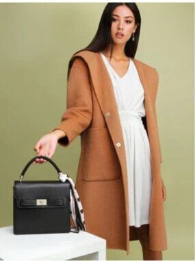 Belle & Bloom Hooded Wool Blend Coat Camel Brown Oversized Long Jacket AU Style